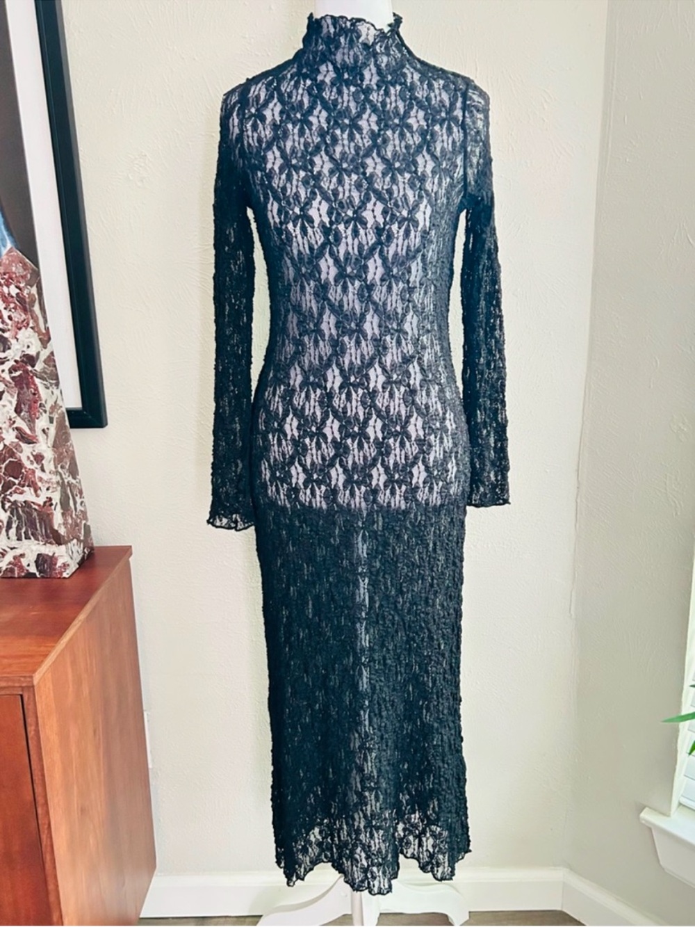 H&M Black Lace Sheer Midi Dress Small